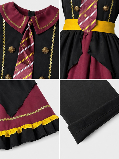 The costume dress features a combination of black, burgundy, gold, and yellow colors. The design has a black long sleeve and a burgundy notched collar attached to the dress bodice. The front is decorated with a diagonal striped panel, while