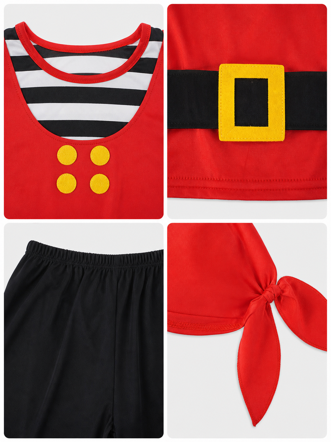 Costume pieces laid flat, including red bandana, striped sleeves, red vest, black pants and two gray toy swords