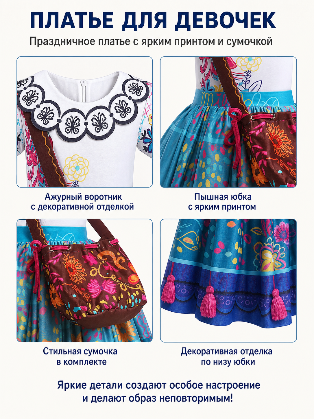 Girls' Multicolor Princess Dress with Floral Print detail view