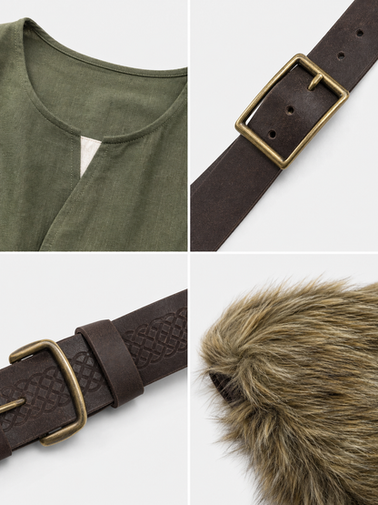 Sleeveless cotton and linen tunic with fur trim