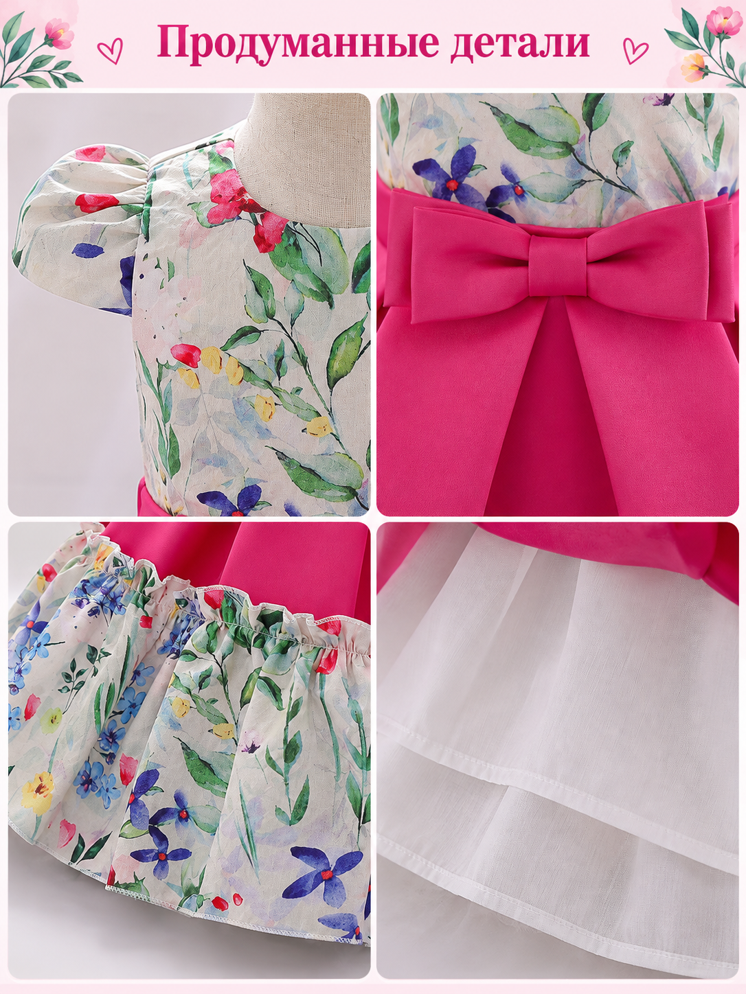 Girls' Dress with Bow and Floral Print