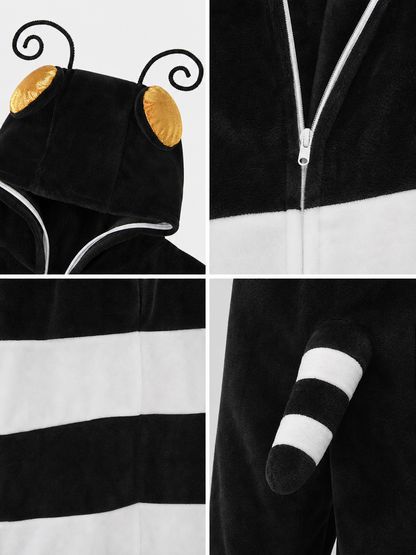 One-piece insect costume in a playful style, intended for dress-up, costume parties, themed events, and Halloween. The design is a jumpsuit with long sleeves, a black body, and wide white horizontal stripes. A black headpiece with curled an