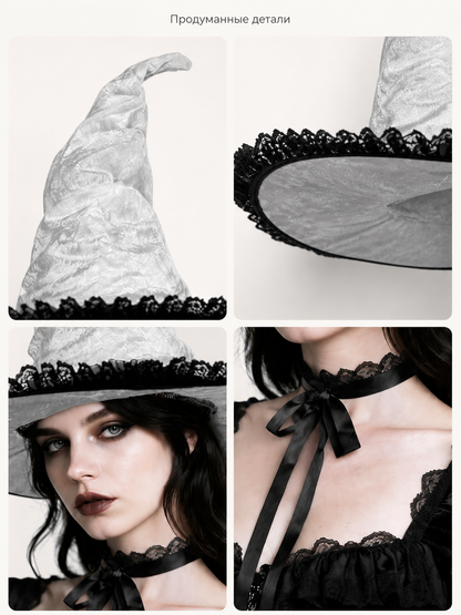 White and Black Witch Hat, Wide Brim Pointed Hat with Lace Trim and Curved product detail composite 2