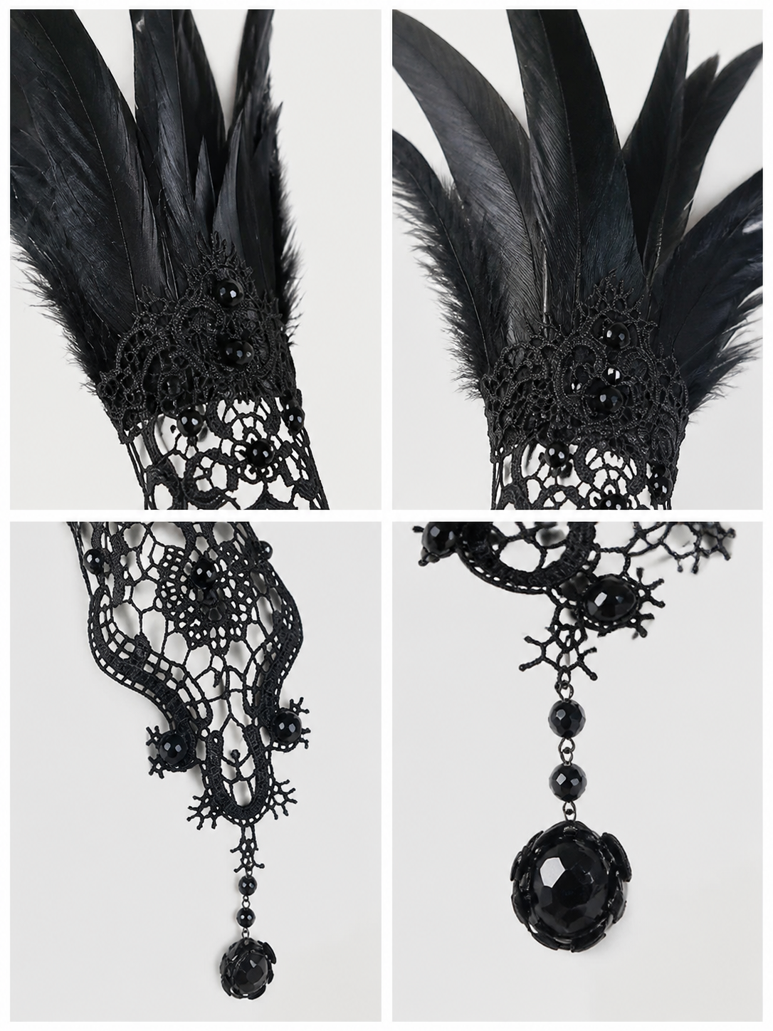 Black Lace Carnival Gloves with Feathers, Pair