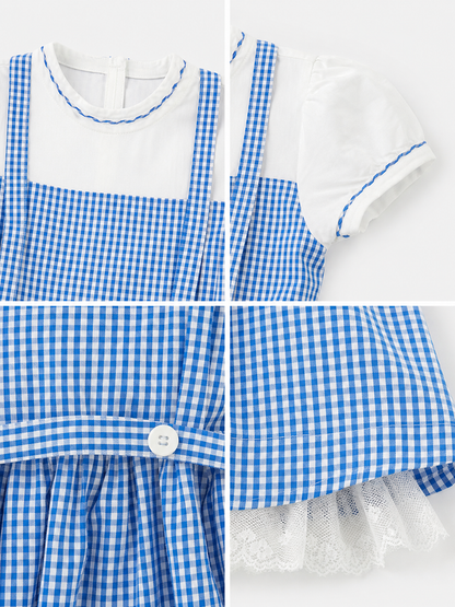 Blue and White Plaid Dress Set with Accessories