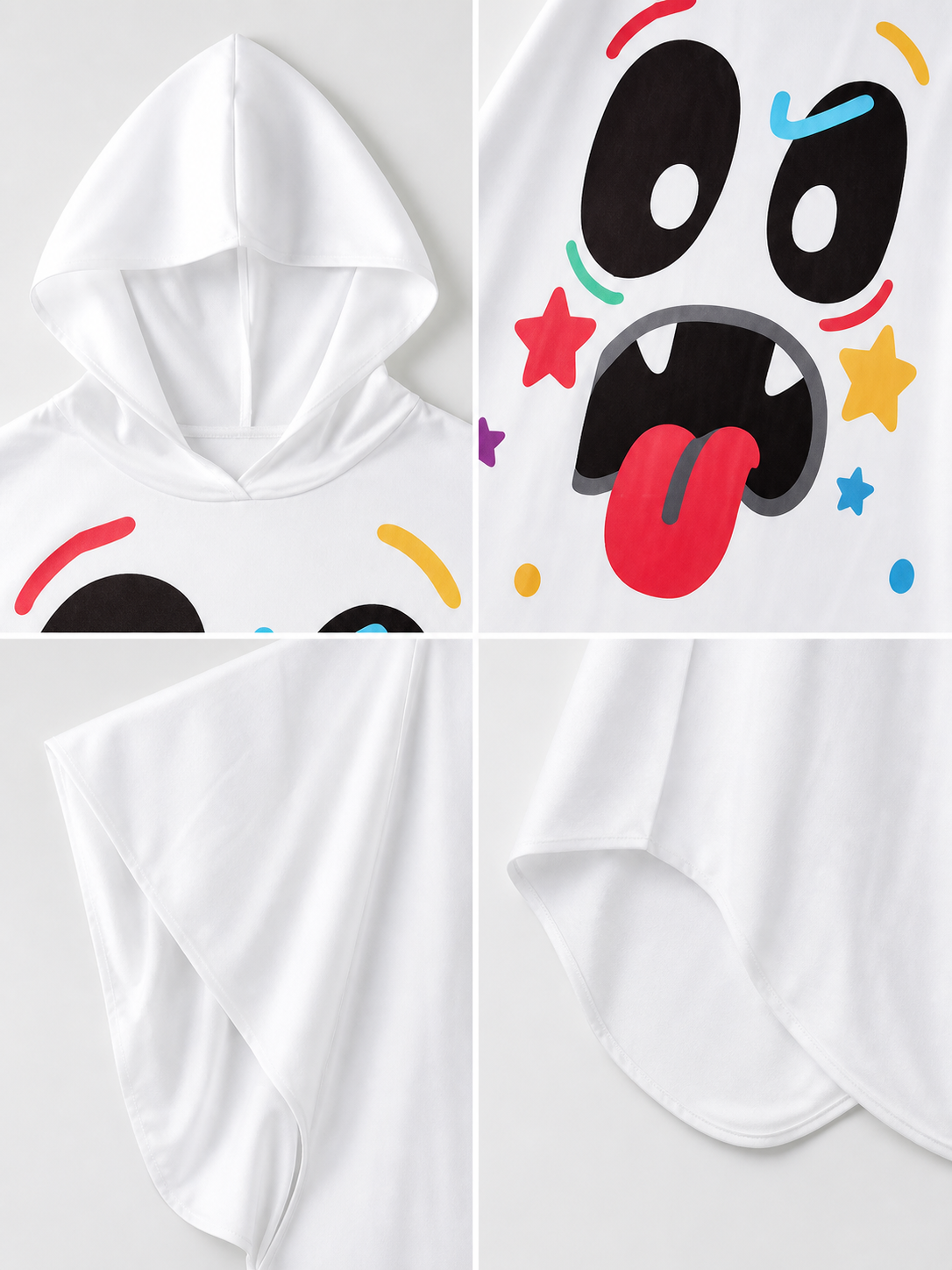 Halloween Ghost Costume Hooded Poncho with Cartoon Face Graphic, Wide Draped Sleeves and Multicolor Details for Costume Parties
