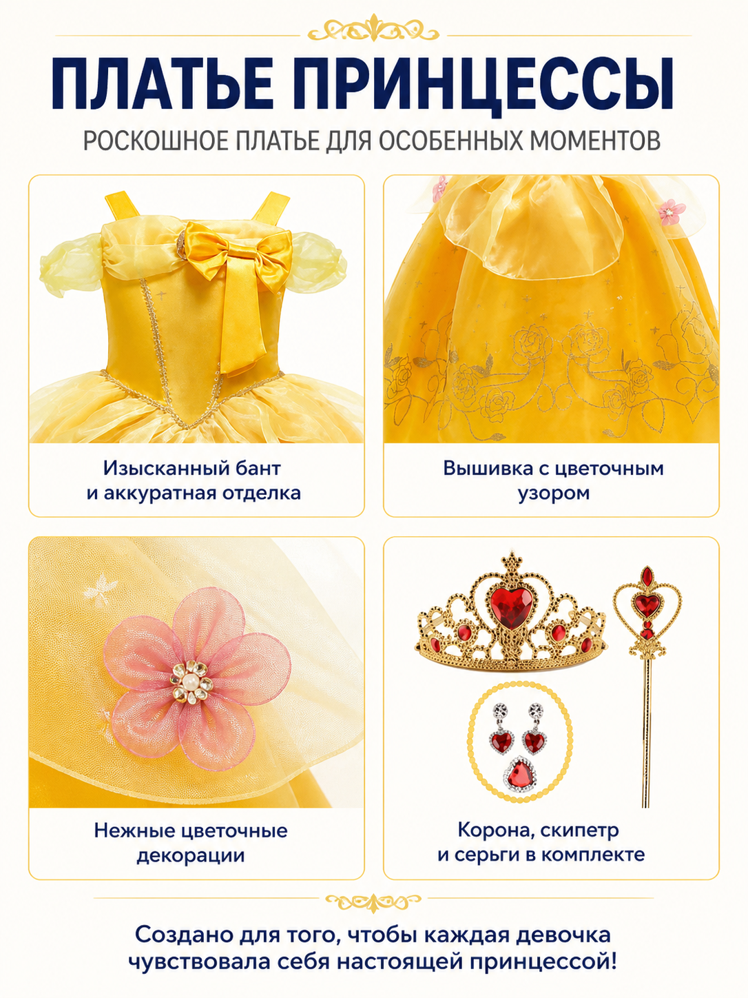 Children’s Carnival Dress with Crown and Floral Embroidery detail view