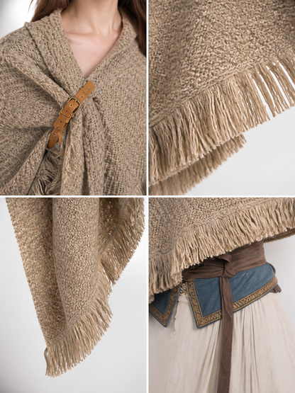 Beige fringed woven costume cape product view 35