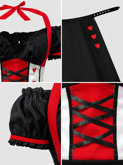 Queen of Hearts Carnival Jumpsuit Costume with Crown and Hearts
