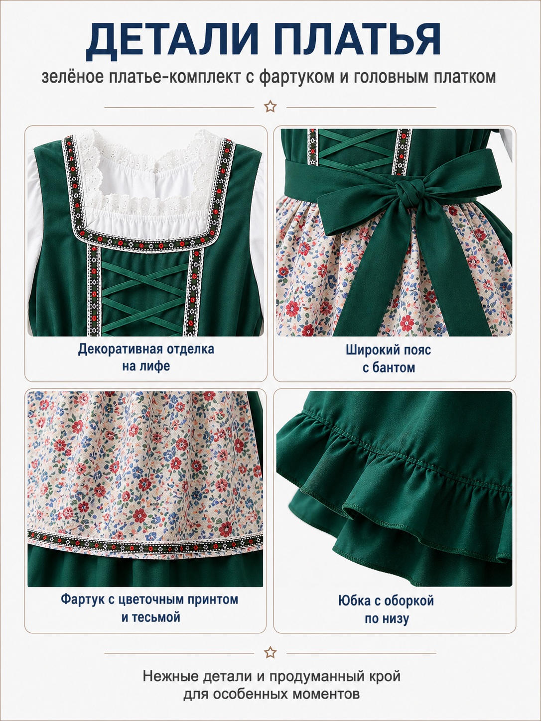 Green Girls’ Dirndl-Style Dress with Apron and Headscarf