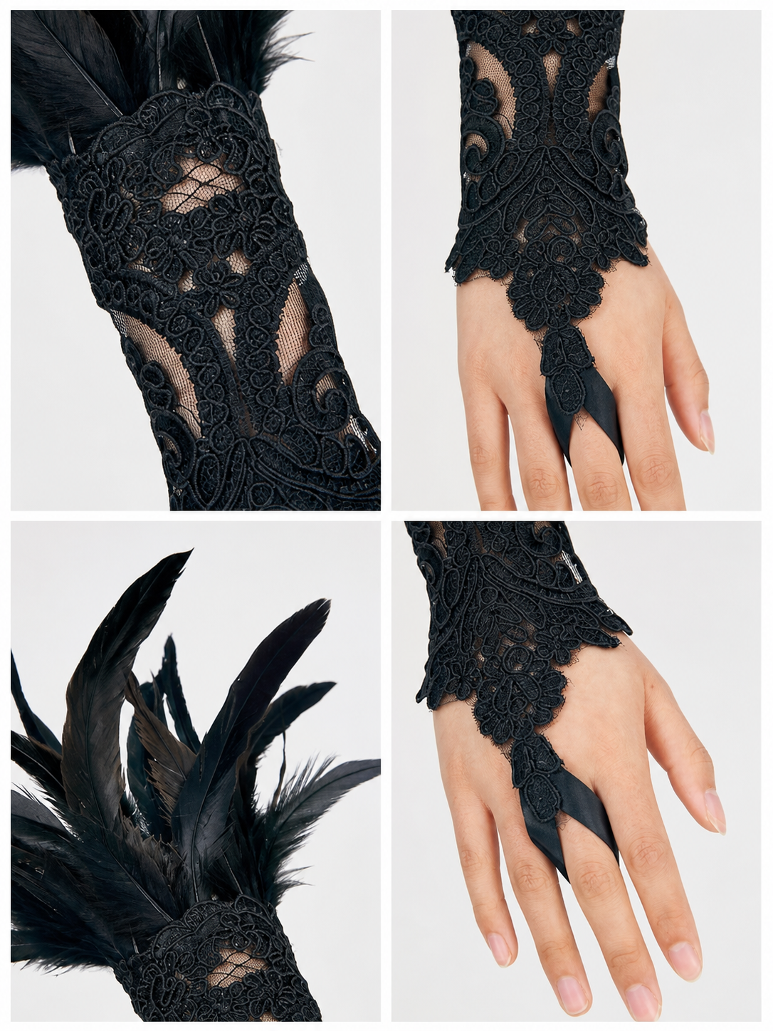 Black Lace Carnival Gloves with Feathers, Pair