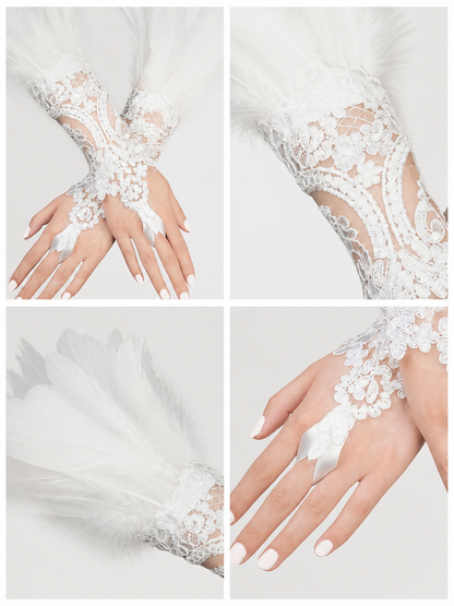 White Lace Carnival Gloves with Feathers, Pair