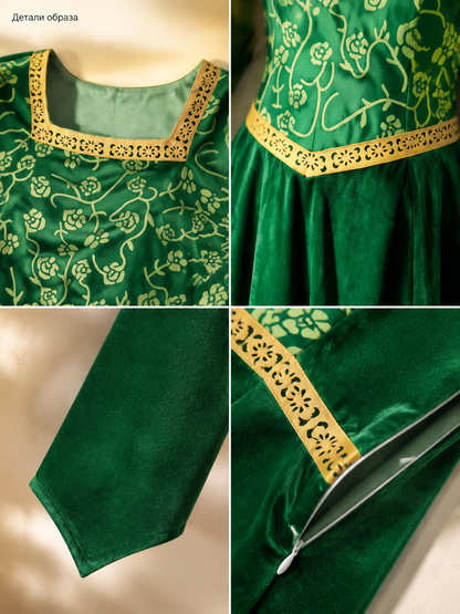 Floor-Length Velour Cosplay Dress with Gold-Tone Trim detail view