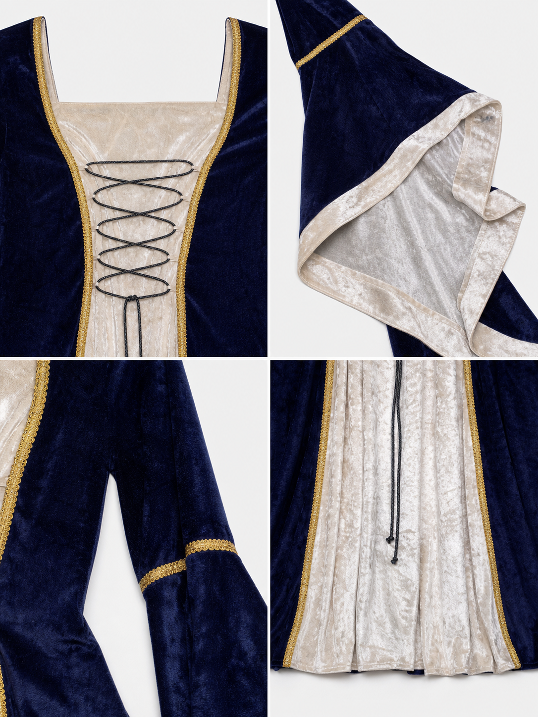 Gothic medieval-style dress made of textile fabric, featuring a floor-length design with a full skirt and flared sleeves. The sleeves are accented with tiered ruffles that emphasize the costume’s historical character. The main color is deep