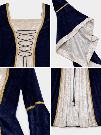 Gothic medieval-style dress made of textile fabric, featuring a floor-length design with a full skirt and flared sleeves. The sleeves are accented with tiered ruffles that emphasize the costume’s historical character. The main color is deep