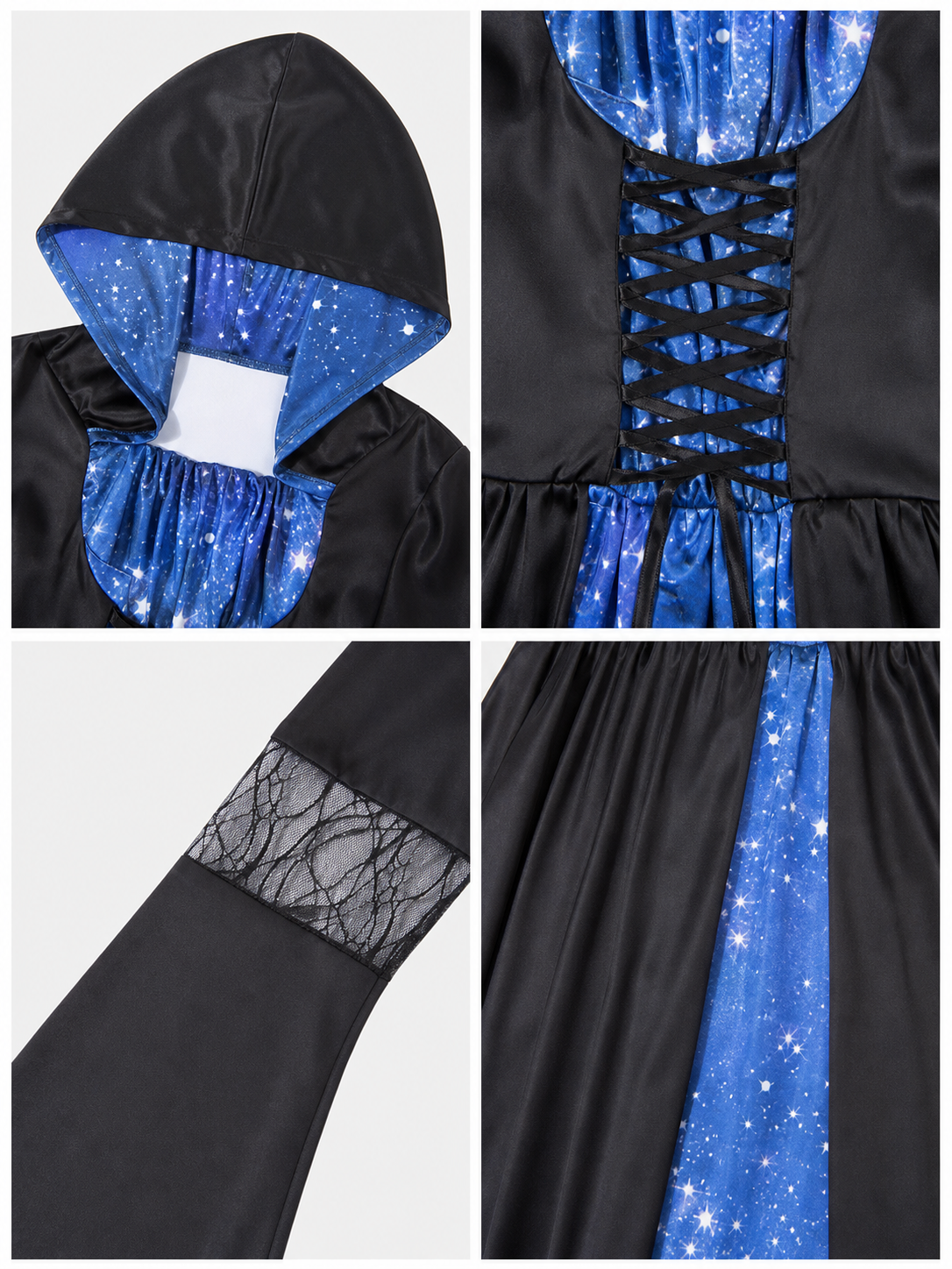 This costume is designed to create a witch, vampire, or ghostly character look for Halloween and themed role-playing events. The design features a black-and-blue color combination and consists of a long dress with a hood and long sleeves. T