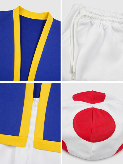 Cosplay costume with vest, pants, and mushroom hat