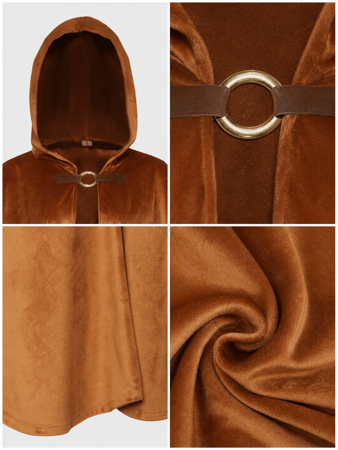 Halloween Medieval Warrior Hooded Cloak, Dark Brown Open Front Cape With Ring Clasp And Bow Strap For Cosplay Performance