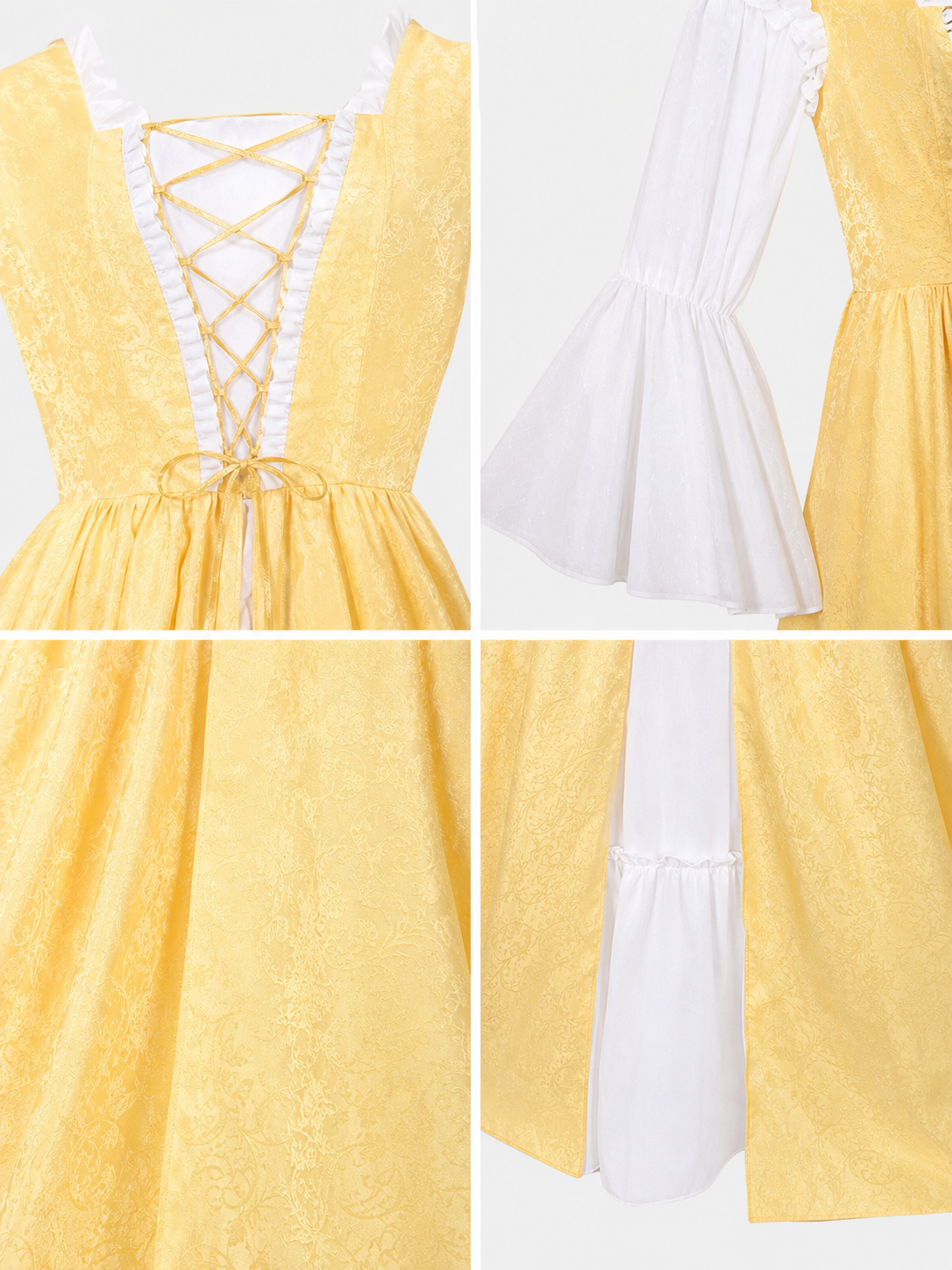 The yellow dress is designed in a fairytale costume style with distinctive