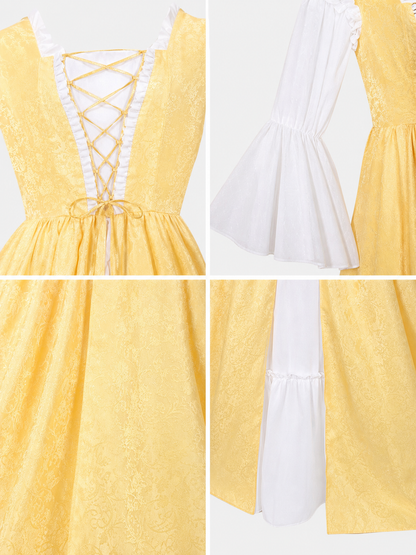 The yellow dress is designed in a fairytale costume style with distinctive