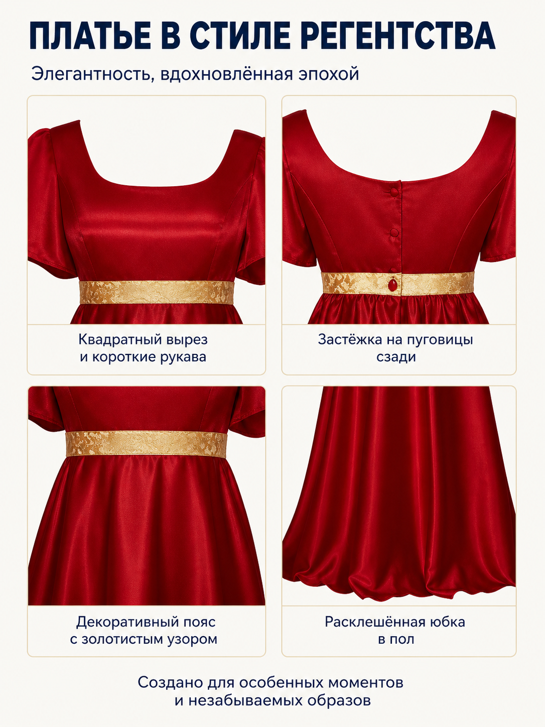 Red Dress with a High Waist and Puff Sleeves detail view