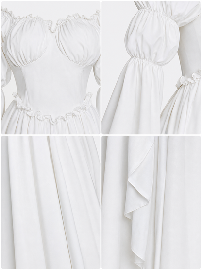 White Vintage-Style Dress with Puff Sleeves