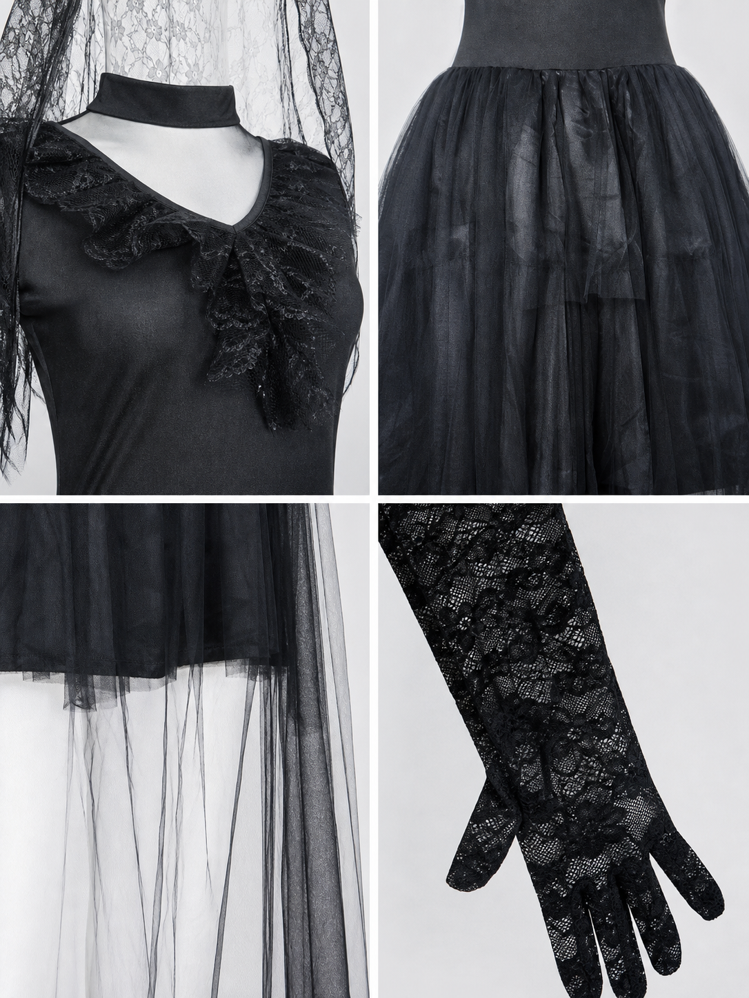 Black Gothic-Style Dress with Veil and Gloves detail view
