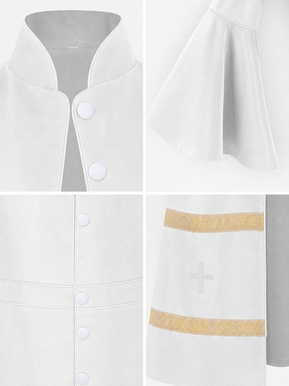 Long clergy robe with collar, buttons, and trim product detail composite