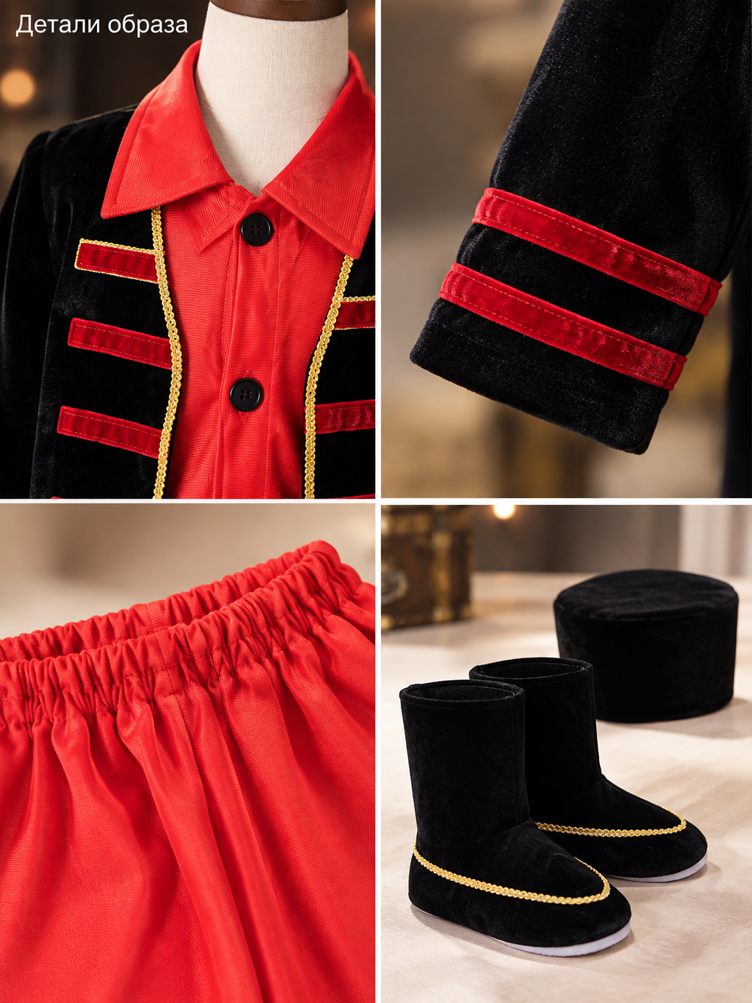 Children’s stage costume with shoes and headwear detail view