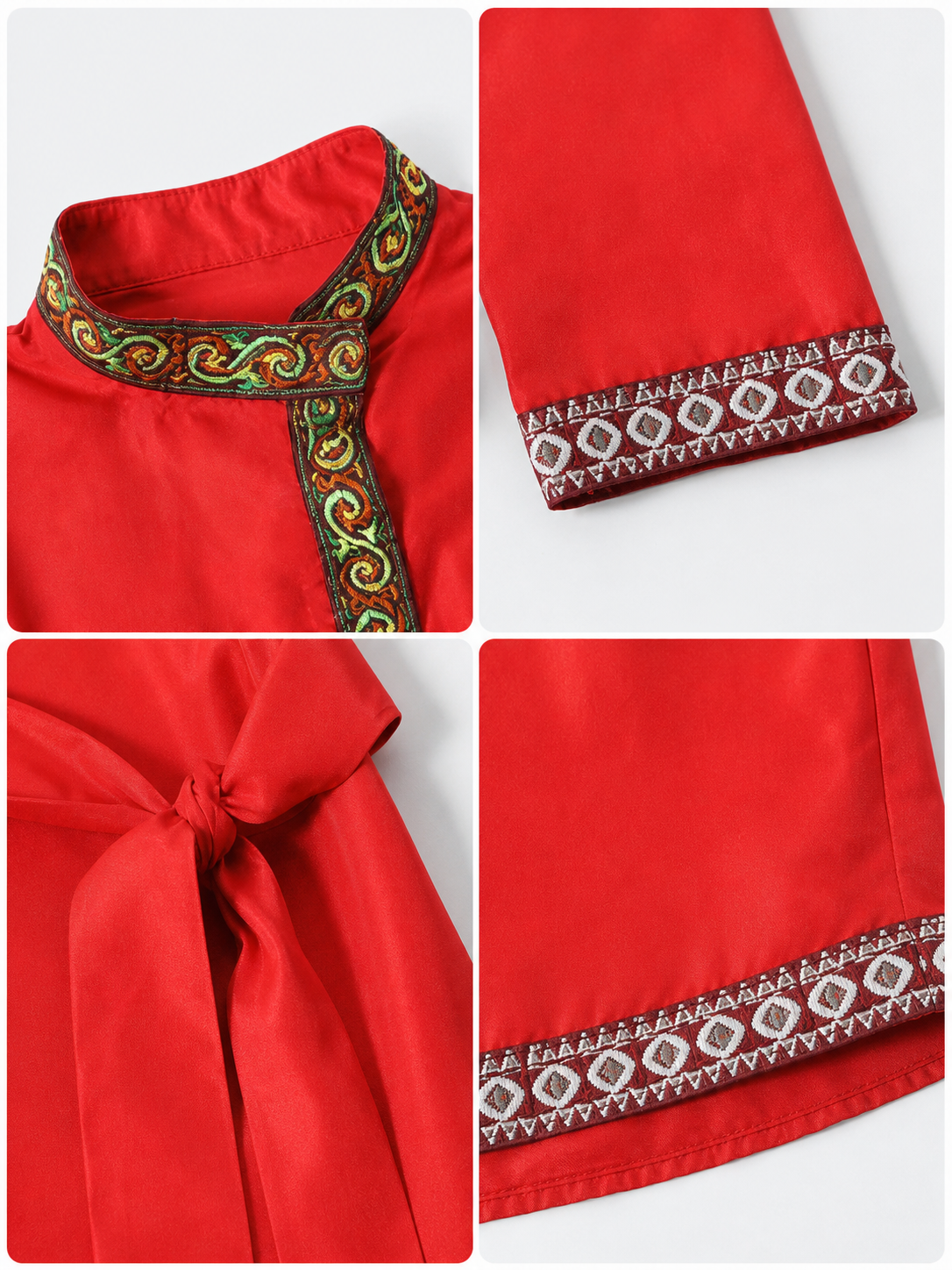 Red Tunic with Ornament, Stand-Up Collar, and Belt