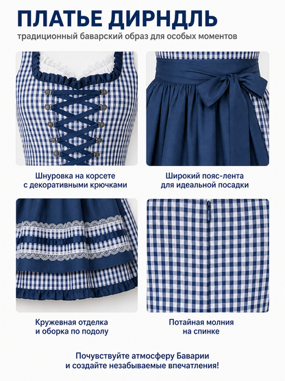 Blue-and-White Checkered Dress with Bow and Lace Apron