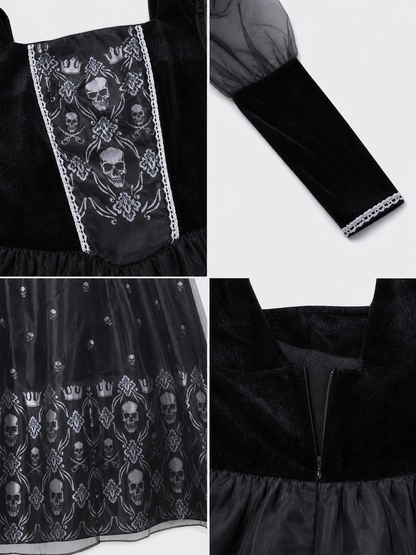 Gothic Dress with Sheer Sleeves and Skulls detail view