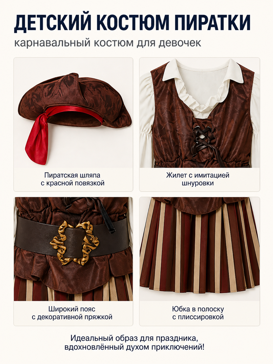 Children’s Pirate Costume with Striped Skirt and Hat detail view