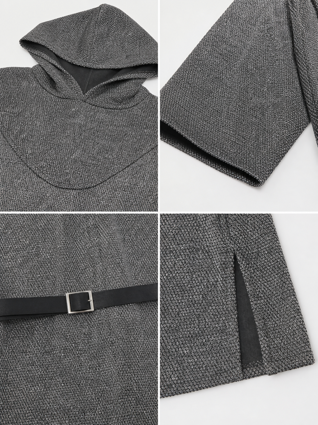 The costume is designed in the style of a medieval knight and is suitable for cosplay and stage performances. The set includes a gray hooded top with a layered front design, black pants, a belt, bracers, and greaves. The gray-and-black colo