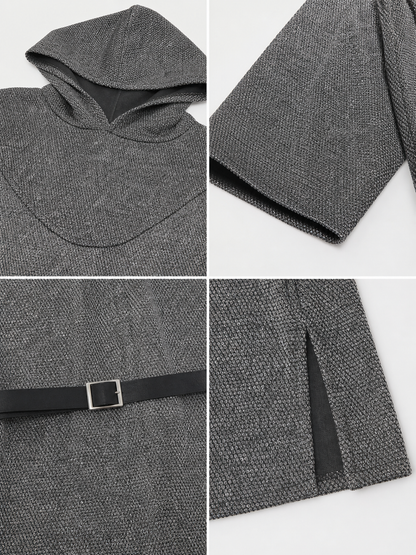The costume is designed in the style of a medieval knight and is suitable for cosplay and stage performances. The set includes a gray hooded top with a layered front design, black pants, a belt, bracers, and greaves. The gray-and-black colo