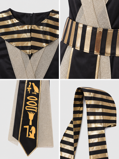 Pharaoh Costume with Nemes Headdress and Golden Hieroglyphs