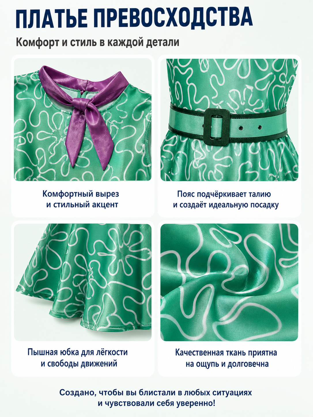 Green Kids' Inside Out 2 Cosplay Dress for Halloween detail view