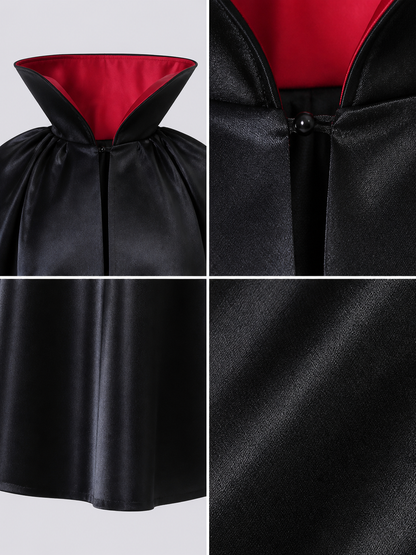 The long black cape is designed to create a vampire look for cosplay, Halloween, and stage performances. The cape is black and features a loose silhouette with long, draping panels and an opening lower edge. The upper section has a hooded o