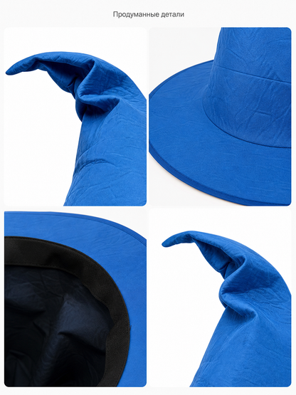 Blue Halloween Witch Hat, Wide Brim Curved Pointed Cap with Black Chin Strap product detail composite 2