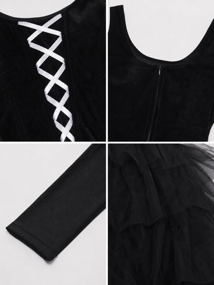Halloween costume: black dress, hat, and gloves