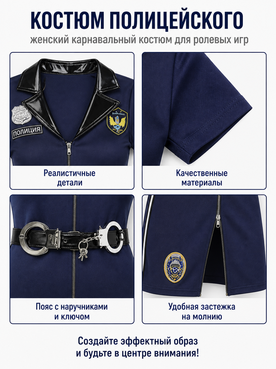 Dark Blue Short-Sleeve Police Costume detail view