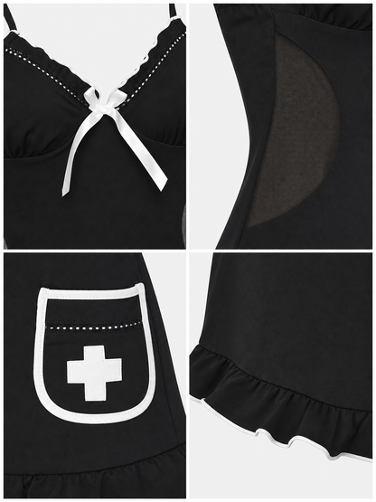 Nurse costume, black dress with white trim