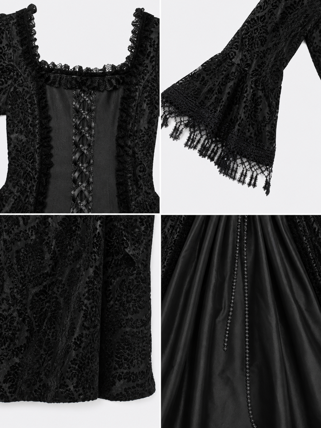 The black dress is designed in the aesthetic of a Victorian-era Gothic costume. The model features a floor-length silhouette, a fitted bodice with a square neckline, and decorative lacing or trim on the front. The long flared sleeves end in