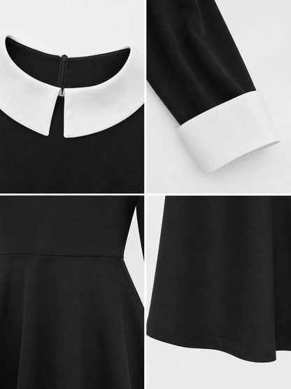 Black Wednesday-style dress with a white collar product detail composite