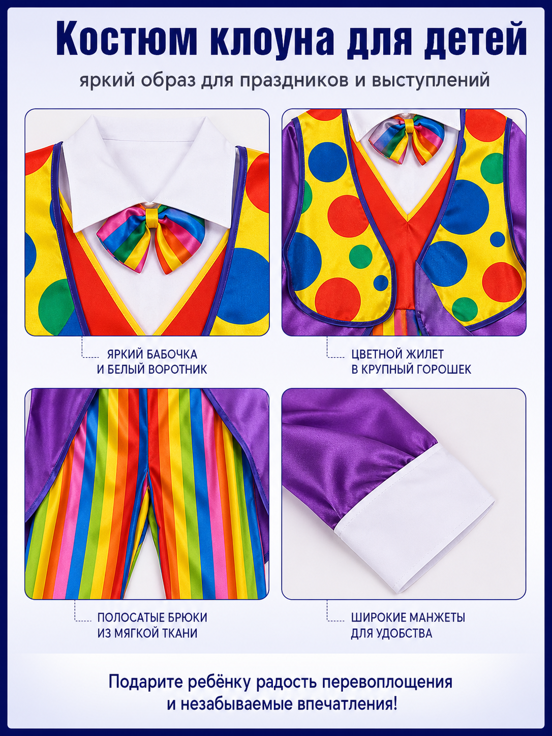 Children’s Clown Costume with Purple Jacket and Bow Tie detail view