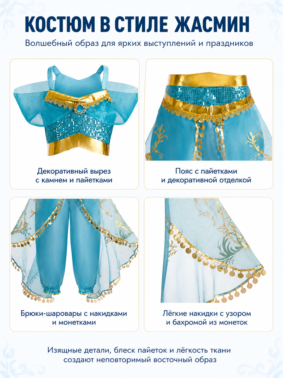 Fairytale Girls’ Costume in Turquoise with Sequins detail view