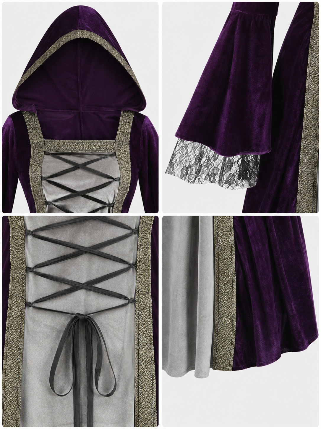 The dress is designed in a Gothic medieval style and features a costume design in deep purple with silver-gray and black accents. The design includes an attached pointed hood, flared bell sleeves, and a flowing skirt. The front of the bodic