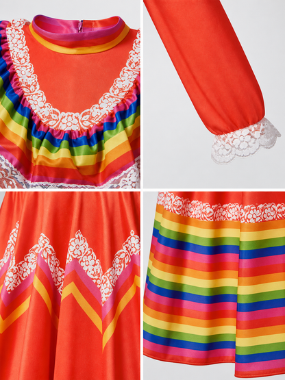 Folk Dress with Ruffles and Rainbow Inserts
