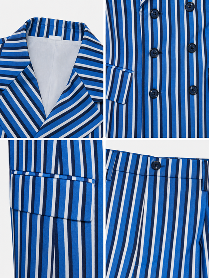 The Doctor Who cosplay double-breasted suit is designed in a white-and-blue color scheme with vertical stripes. The set includes a jacket and pants made in the same design. The jacket features a double-breasted closure, peaked lapels, and f