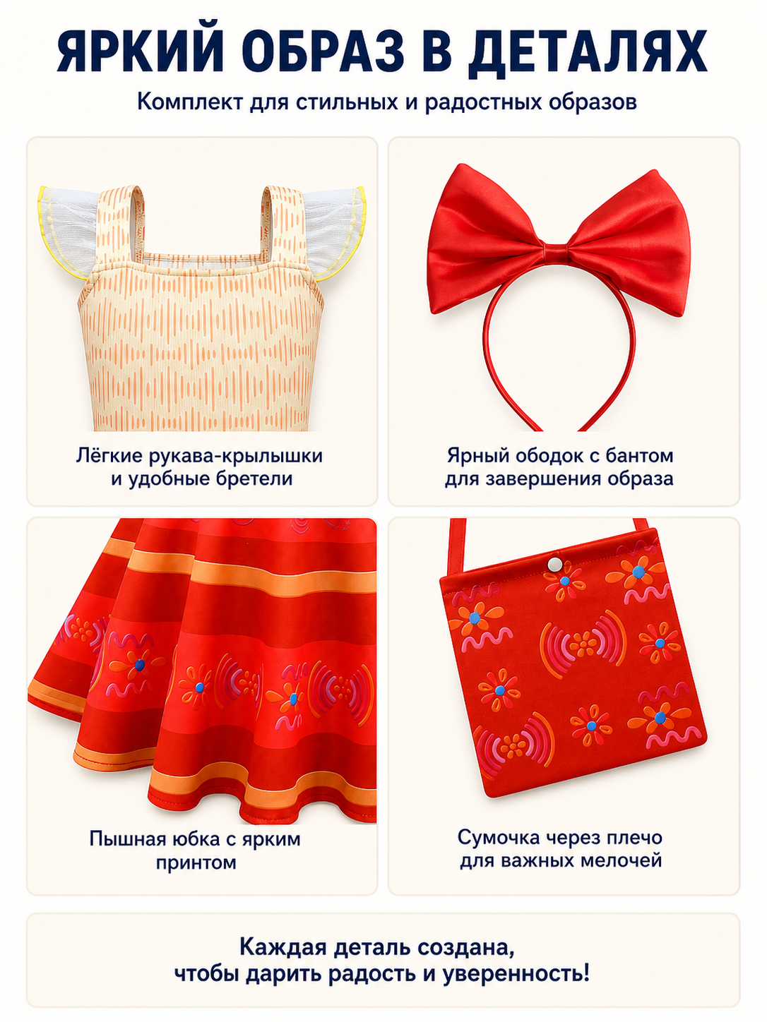 Children's Mirabel Costume with Dress, Bow, and Handbag detail view